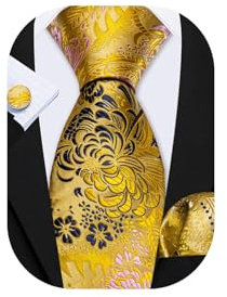Barry.Wang Mens Floral Ties Yellow Blue Silk Necktie Handkerchief Cufflinks Set Formal Wedding Prom