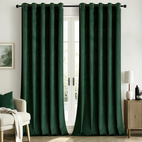 Woaboy Velvet Curtains 90 Drop Emerald Green Curtain for Living Room Thermal Blackout for Bedroom Luxury Eyelet Drapes Soft Window Treatment Insulated Soundproof & Room Darkening W 66 x L 90 2 Panels
