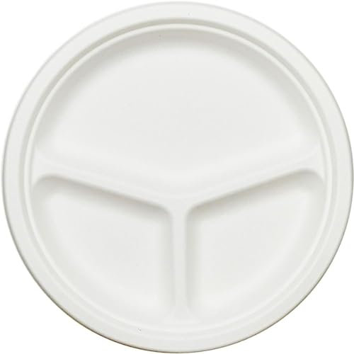 Generico 50 200 Piatti di canna da zucchero PIATTI ROTONDI A 3 SCOMPARTI 26 cm, EXTRASTRONG monouso bagassa Biodegradabile e Compostabile (50 pezzi)
