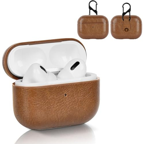 YAODLE hülle Kompatibel mit Airpods Pro 2 Schutzhülle echtem TPU + PU-Leder hülle,Mit Karabiner,Anti-Fingerabdruck,Anti-Abrieb（Braun）