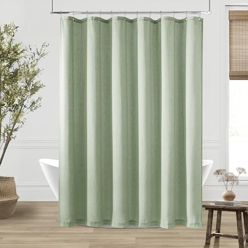 Duschvorhang aus Leinen, extra lang, 213 cm, Salbeigrün, Duschvorhänge für Badezimmer, Dekoration, Boho, Bauernhaus, wasserabweisend, XL, hohe Vorhänge, 213 cm Länge, Badezimmertuch mit Haken, 183 x