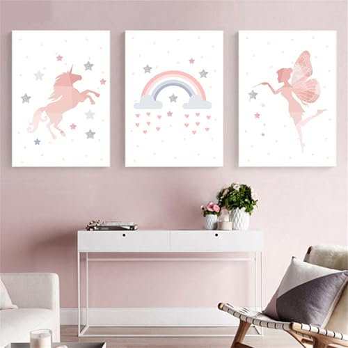 Ueiwffzo 3er Set Poster Bilder Kinderzimmer ohne Rahmen, Kreative Einhorn Elfen Regenbogen Wandbilder, Stilvolle Wandbilder Set Posters Wanddeko für Babyzimmer Kinderzimmer Deko (40 x 50 cm)