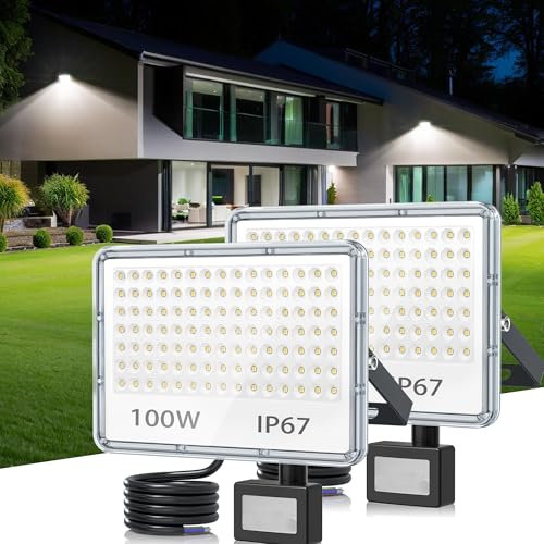 TASINUO LED Strahler mit Bewegungsmelder Außen 100W 2 Stück, 10000LM LED Scheinwerfer mit Bewegungsmelder,IP67 Wasserdichte Außenstrahler mit PIR,6500K Kaltweiß Fluter für Lager Garage Gänge Eingänge