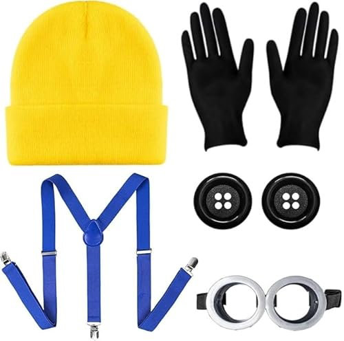 Humairc Cospaly Kostüm Karneval Kostüm Cospaly Mütze Cosplay Brille Handschuhe Knöpfe Hosenträger Karneval Kostüm Damen Halloween Kostüm Herren Kinder(Gelbe)