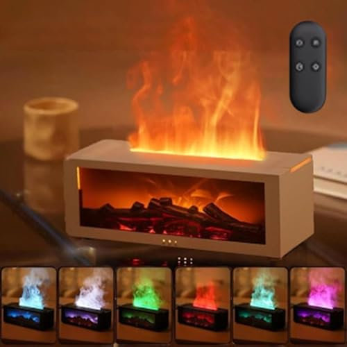 Flammen Aroma Diffuser - Mini Kamin Luftbefeuchter mit 7 Farben LED Licht, Diffuser ätherische öle 150ml mit Fernbedienung, 3 Timer, Wasserlose Abschaltautomatik (Weiß)