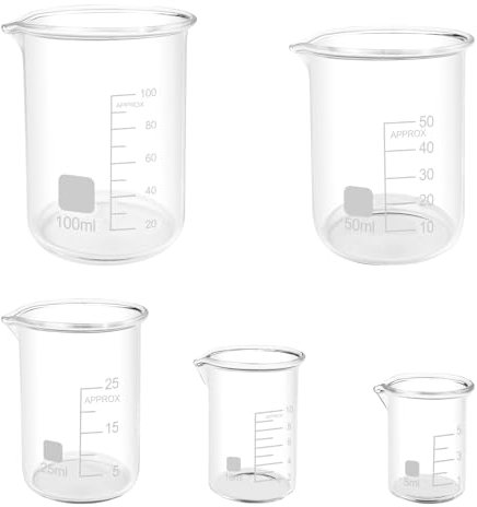 Lixiluxia 5Pcs Verre Doseur en Verre, Bécher Gradué en Verre Borosilicate, Verrerie de Laboratoire, Tasse à Mesurer 5 Tailles 100ml 50ml 25ml 10ml 5ml, pour Laboratoire, Salle de Classe, Cuisine