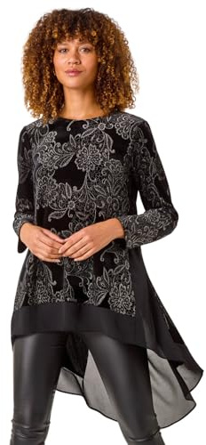 Roman Chiffon Dipped Hem Top Asymmetric Tunic for Women UK Ladies Stretchy Jersey Flared Blouse Smart Fit & Flare Form Casual Loose Longline Party Hanky Tunics - Noir Silver - Size 12
