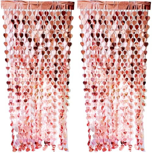 CYBERNOVA 2 Pack Tenda a frange sfondo, 1mx2m a forma di cuore metallico Tinsel Foil Fringe Streamers Tende sfondo per matrimonio compleanno anniversario laurea decorazione partito (rosa oro)