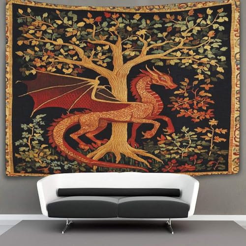 KWFYBEHZ Medieval Drache Wandteppich Wandbehang Wandtuch Tapestry Wall Hanging,Wandteppich Lebensbaum Wanddeko Für Schlafzimmer Wohnzimmer Wohnheim 130cmx150cm