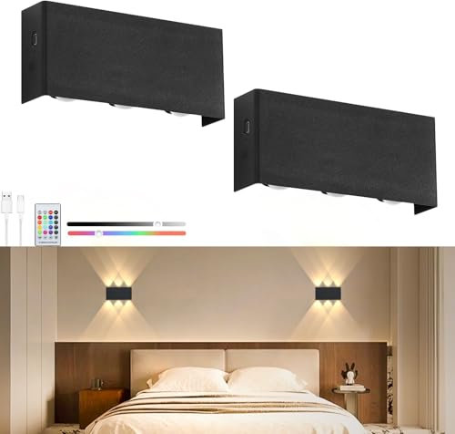Glowlit Wandleuchte Akku Innen 2 Stück LED Wandlampe Kabellos Dimmbar mit Fernbedienung Wandleuchte ohne stromanschluss 5200mAh Touch Control Magnetisch RGB für Wohnzimmer Schlafzimmer Flur Schwarz