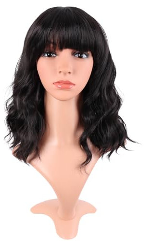 MapofBeauty 14 Zoll/35 cm Kurze Gewellte Lockige Frauen Frische Helle Synthetische Gewöhnliche Flache Pony Bob Perücke (Schwarz Braun)