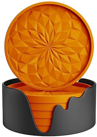 STLIAN Lot de 6 dessous de verre en silicone avec support, sous-verres pour boissons chaudes ou froides, épais, antidérapants, antidérapants, plateau profond, orange