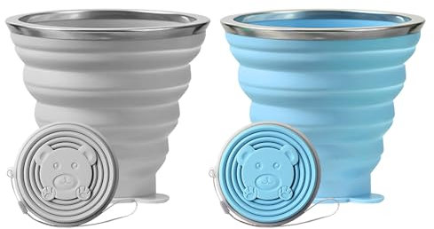CYMYGS 2 Pack Silicone Foldable Cups, 320ml Collapsible Cup, Portable Collapsible Travel Mugs with Plastic Sealing Lid, Reusable Retractable Cups for Outdoor Traveling Camping Picnic(Blue and Grey)