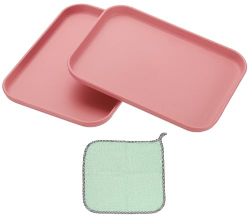 PATIKIL 7.9x5.9 Plastic Tray, 2 Pack Rectangular Plates Small Food Tray Wheat Plates Dishes Reusable Dessert Plate Trays with Cloth for Cake Fruits Salad Cupcake Steak Serving Pink