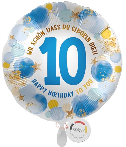 balloa Zahlenballon 10 Junge, XXL Folienballon zum Kindergeburtstag, 53 cm | Blaue Zahl 10 mit Spruch Wie schön, dass du geboren bist, runde Form, XXL, heliumgeeignet, ungefüllt, Kindergeburtstagsdeko