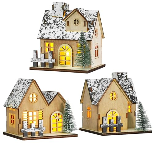 BESPORTBLE Weihnachtshäuser aus Holz mit Led-Beleuchtung, 3er-Set, Handgefertigte Weihnachtsdekoration, Weihnachtsdorf-Kollektion, Gebäudedekoration