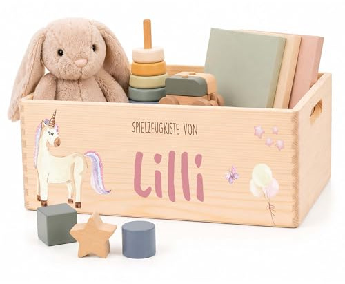 Kidsmood Aufbewahrungsbox Holz mit Namen Einhorn Aquarell | Spielzeugbox aus Kiefernholz für Bücher, Kuscheltiere und Bausteine, Geschenk zur Geburt oder Taufe, 40 x 30 x 14 cm