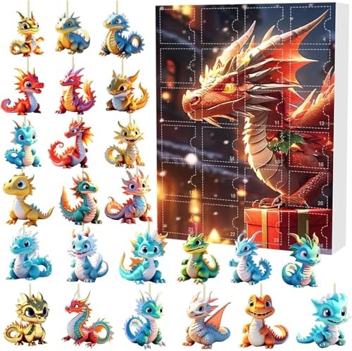Drachen Adventskalender 2025, Weihnachts-Countdown-Set mit 24 Ornament-Anhängern, Weihnachtsbaumschmuck (01)