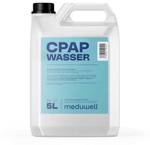 meduwell CPAP Wasser, Bidestilliertes Wasser für Atemtherapie, Sauerstoffgeräte, Inhalatoren, Luftbefeuchter, Kosmetische Anwendungen, 5 Liter Kanister (2x 5 Liter Kanister)