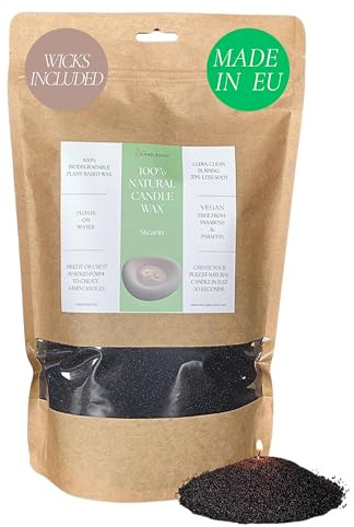 The Candledust 1KG Kerzensand Mit Dochten, Schwarz Farbe | 225 Stunden Brenndauer, 100% Pflanzliche Wachskörner Für Selbstgemachte Kerzen Mit 10 Dochten | Kerzenwachs Wiederverwendbar & Verbrennung