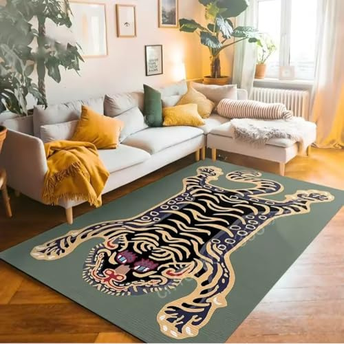 JIAOJING Tibetischer Tiger Blumenteppich Nachttisch Bodenmatte Anti-Rutsch Vintage Tierteppich Marokkanische Teppiche Für Wohnzimmer Dekorativ 140X200Cm