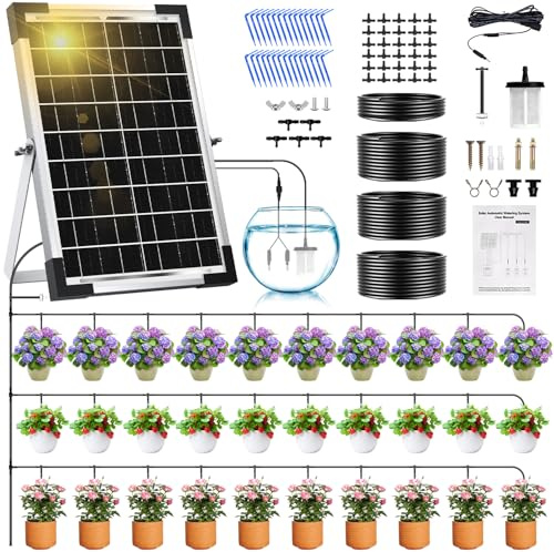 Onherm Kit Sistema de Riego por Goteo Automático Solar para Maceta, Manguera de 30 Metros para 1-30 Plantas en Macetas, 300 Modos de Temporizador, pare Jardín, Balcón y Huerta