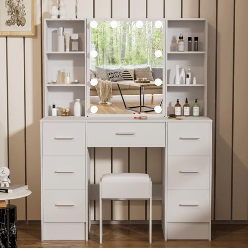 100 cm Large Dressing Table with Mirror, Modern Vanity Desk with Adjustable LED Lights, 7 Large Drawers, 4 Open Shelves and Stool, Bedroom Vanity Table with Hidden Storage Shelves, White 100x140x40 cm