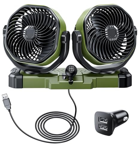DICMKY Dual Head Car Cooling Fan for Dashboard, DC 5V USB / 12V / 24V Universal Cigarette Lighter Plug Car Fans That Blow Cold Air Cooler for Vehicles Sedan Suv Rv Van Truck Utv Tractor Cab without AC