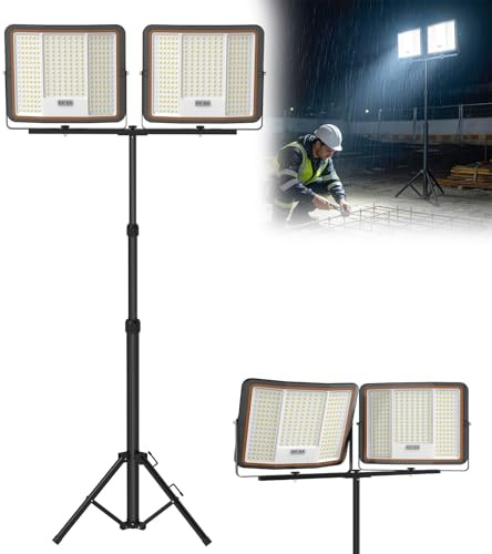 LZQ LED Baustrahler Doppel 2x300W | Arbeitsstrahler Baustellenlampe mit Teleskop Stativ | Baulampe Strahler Höhenverstellbar Bauscheinwerfer für Werkstatt Garage | 360° Drehbar | Wasserdicht IP66