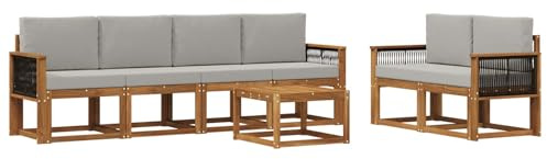 vidaXL Outdoor-Sofagarnitur mit Kissen 6 pcs Natürlich und Hellgrau, Moderne Outdoor-Sofagarnitur, robuste Eckcouch, stylisches Gartenmöbel, Akazienholz, Bequeme Sitzplätze