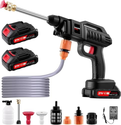Nettoyeur Haute Pression sans Fil,200 Bar Nettoyeur Haute Pression Portable avec Buse Réglable 2 en 1, Pistolet Haute Pression sans Fil avec 2 x 2.0Ah Batteries pour Nettoyer Les Voitures, Sols