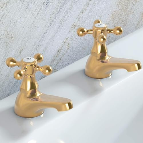 Deva Tudor Basin Traditional Gold Brass Victorian Style-Hot & Cold Cross Head Lever Handle-Pair of Bathroom Tap Toilet Sink Wash Faucet Set of 2 TUD01/501 – 12 Year Warranty, Pieces