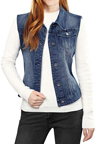 Allegra K Women's Buttoned Washed Denim Vest Jacket W Chest Flap Pockets Dark Blue XL