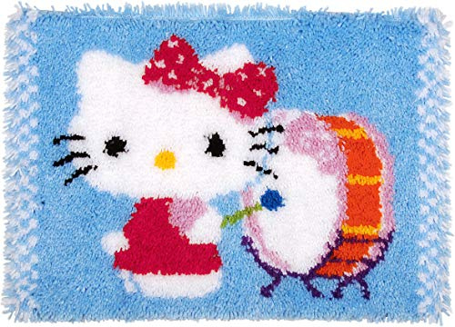 VERVACO Knüpfteppich Set DIY Handarbeit Set Knüpfset für Anfänger HELLO KITTY Teppich zum Selber Knüpfen Basteln Erwachsene Kreativ 55 x 40 cm Latch Hook Kit Knüpfhaken Zubehör Haus Dekoration
