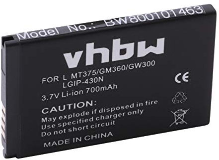vhbw Li-ION Batterie 700mAh (3.7V) pour Portable, Smartphone, Téléphone LG CF360, CU720 Shine, KF390, KP260, KP265 comme SBPL0098901, LGIP-430N.