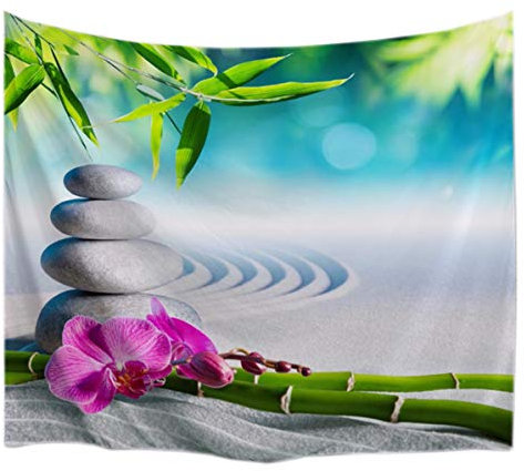 A.Monamour Wanddekor Wandteppiche Yoga Meditation Zen Grüne Pflanzen Orchidee Blume Felsen Steine ??Weiße Sande Naturlandschaft Wandteppich Wandbehänge Kunst Dekore Für Wohnzimmer 203X153Cm