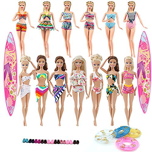 Bikini pour 29cm poupées, 10pcs Bikini Vêtements de Bain + 5 Paires de Chaussures + 2 Planches de Surf + 4pcs Bouée de Sauvetage pour 11,5 Pouces Fille Poupées Cadeau de Noël, Style aléatoire (21pcs)