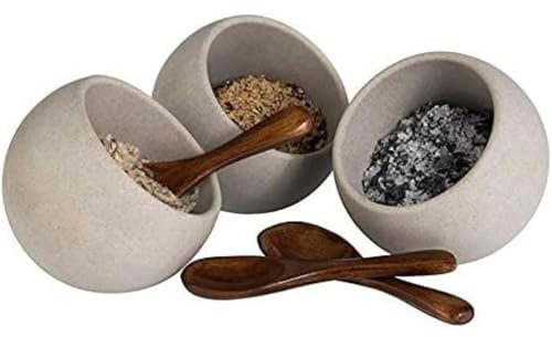 APS Servierset MOON - 6-teiliges Set: 3 Melamin-Schalen (Ø 8cm) + 3 Löffel aus Holz, Grau