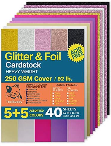 40 Blatt Buntes Glitzerpapier zum Basteln, A4 250gsm Farbiges Papier Bunt Bastelpapier Metallic Papier Glanzpapier, 5+5 Farben