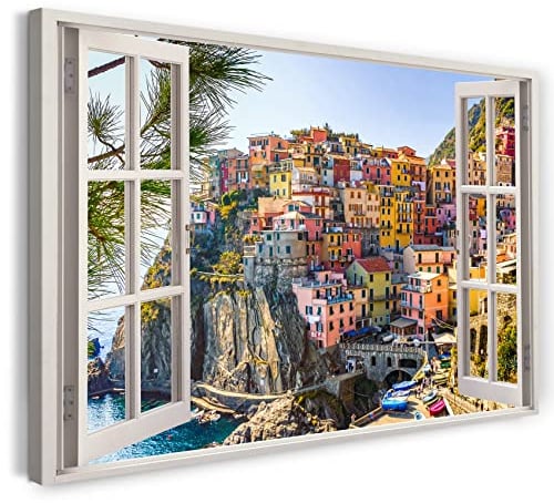 Printistico Bilder Fensterblick 100x70cm Baumwoll-Leinwand auf Keilrahmen mit Aufhänger moderner Kunstdruck XXL Wandbilder Wand-Dekoration Buntes Dorf Alte Stadt Süden Meer - Natur-Fotografie