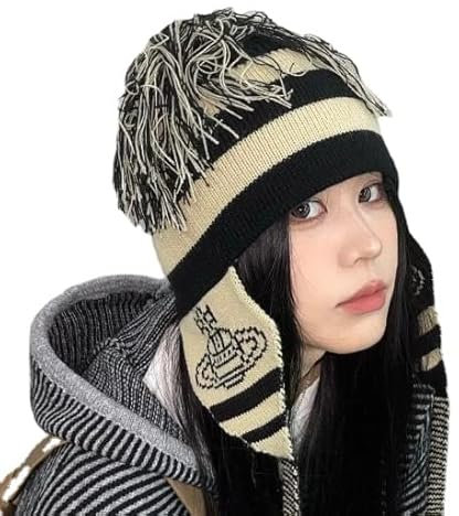 CEINOM Anime Cosplay Beanies Hüte Mädchen Frauen Quaste Ohrenschutz Hut Warme Kappe Grunge Zubehör Slouchy Beanies für Frauen, Schwarz, Einheitsgröße