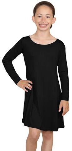 janisramone® Girls Long Sleeve Mini Dress, Classic Round Neck Flared Summer Swing Dress, Ideal Girls Dresses for Parties and Everyday Outfits Black