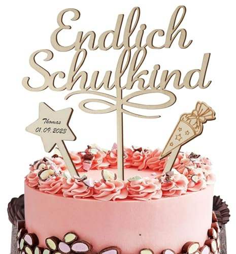 BHGT Cake Topper Endlich Schulkind Tortendeko Einschulung Holz Torten Topper Cupcake Kuchen Deko Schulanfang Schuleinführung 1. Schultag Party Deko Geschenk für Junge Mädchen Kinder