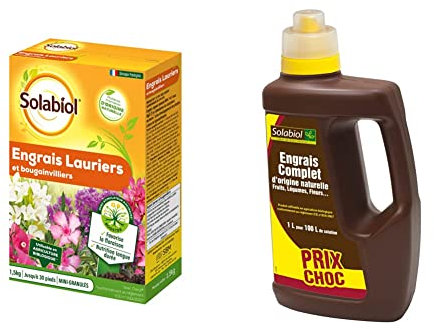 SOLABIOL SOLAURY15 Engrais Lauriers et Bougainvilliers 100% Organique | Action Longue Durée, 1,5 Kg & SOLICOMP1 Engrais Complet Liquide 1L - Engrais universel | Utilisable en Agriculture Biologique