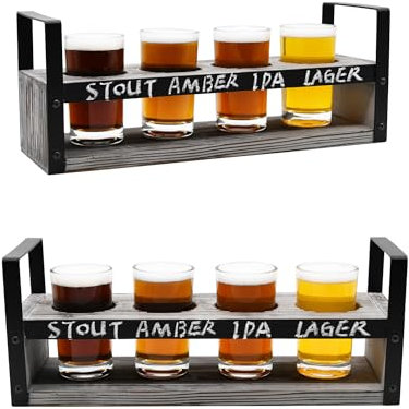 OwlGift Lot de 2 verres à bière avec plateau de service en bois torché avec poignées en métal noir, panneau de tableau noir et 4 verres à bière de dégustation