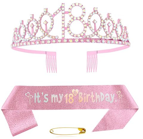 18. Geburtstag Schärpe Und Tiara Krone Rosa Kristall Geburtstagkrone Set Rosa Geburtstagskrone Schärpe Deko Birthday Crown für Mädchen Frauen Birthday Party Accessoires Geburtstagsdeko 18