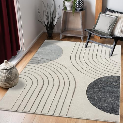 payé Teppich Wohnzimmer Kurzflor Beige Grau - 120x170cm - Boho Abstrakt Muster Modern Skandinavisch Wohnteppich Schlafzimmer