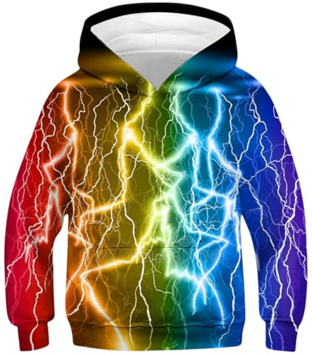 Ocean Plus Jungen Langarm Kapuzenpullover Kinder Digitaldruck Fußball Mädchen Sweatshirts mit Kapuzen (L (Körpergröße: 145-150cm), Farbige Blitze)