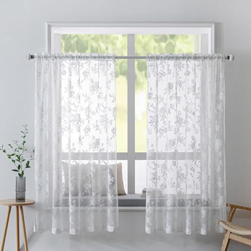 Scheibengardine Bistrogardine Weiß Halbtransparente Vorhänge, 2er Set Bistrogardine Voile Transparent Kurzstores Voile Gardine Mit Schlaufen, Privatsphäre Fenstervorhang Deko (Stil D, 65Bx60H(CM))