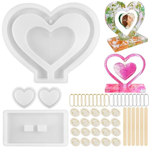Amentalove Herz Gießformen Silikon, Epoxidharz Formen Herz, Herz Silikonform mit Kette Stock und Handschuhen für Epoxidharz Fotorahmen, Kreative DIY Epoxidharz Formen Silikonformen Epoxidharz